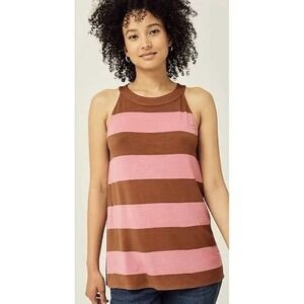 J. Jill Women's Pink Brown Wide Stripe Sleeveless Tank Top, Medium, Rayon/Spande